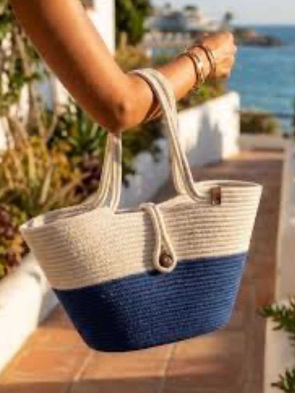 Woven Two-Tone White and Blue Rope Tote beach Bag
